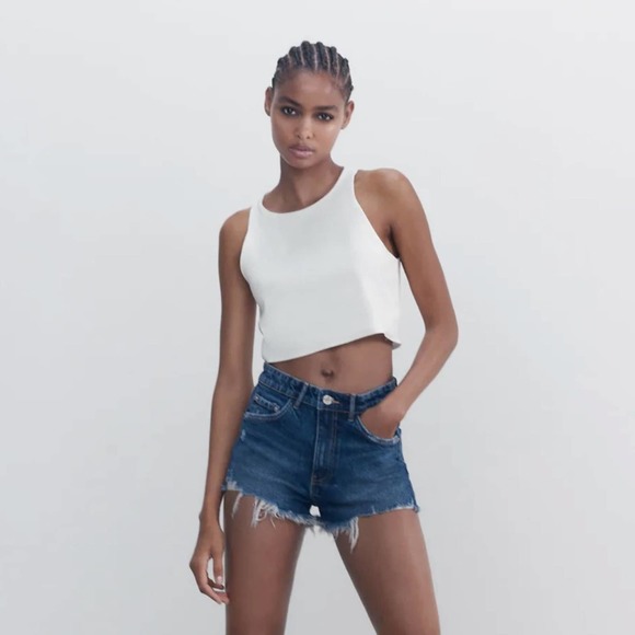 0064 ZARA HIGH RISE DARK BLUE DENIM SHORTS - Picture 1 of 12